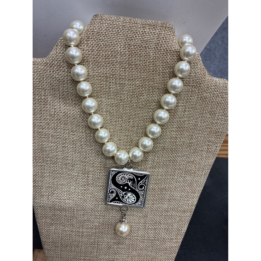 Vintage Faux Pearl Necklace Initial S Square Pendant Reversible Black White Art